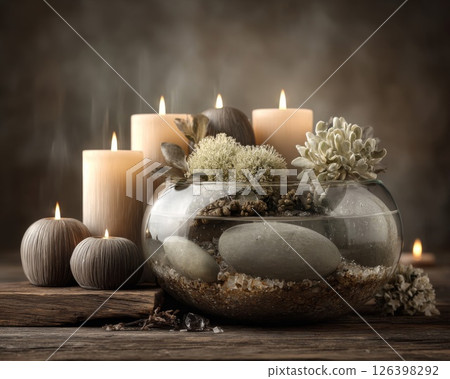 Serene Spa Still Life with Candles and Stones Serene Spa Still Life with Candles and Stones 126398292