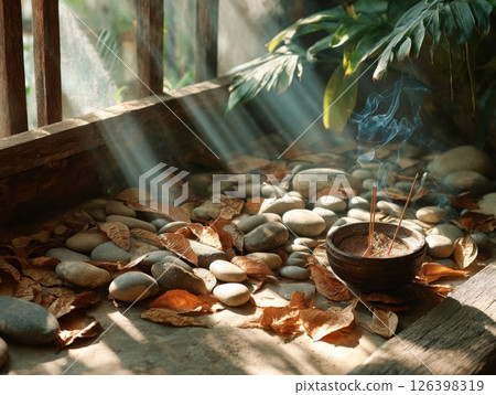Sunlit Stones And Incense Burner With Smoke 126398319
