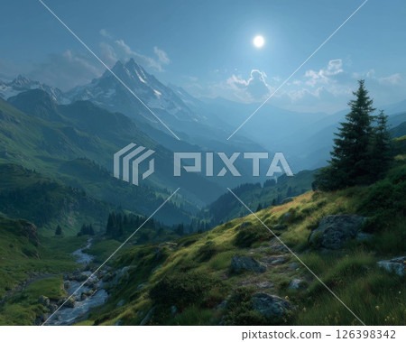 Serene Mountain Valley Landscape Under Bright Sunlight 126398342