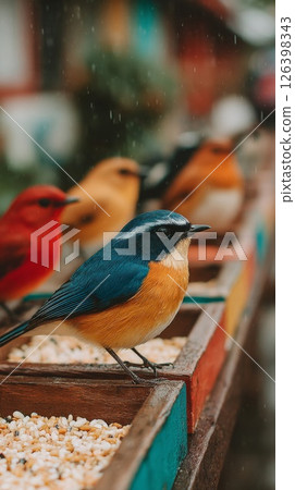 Colorful Birds Feeding in a Wooden Feeder During a Light Rain 126398343