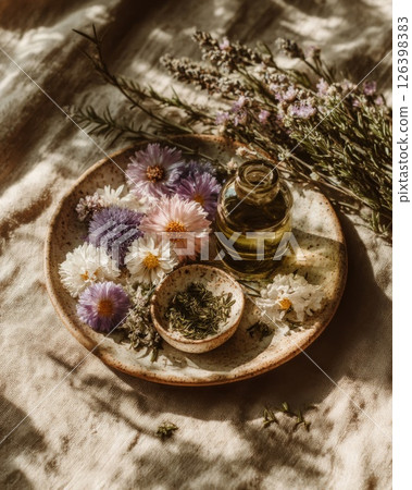 Essential Oil with Flowers and Herbs on Beige Fabric 126398383