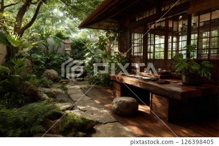 Serene Japanese Garden with Stone Path and Wooden House 126398405