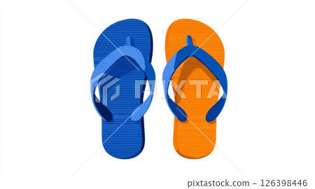 Pair of Blue and Orange Striped Flip Flops on White Background 126398446