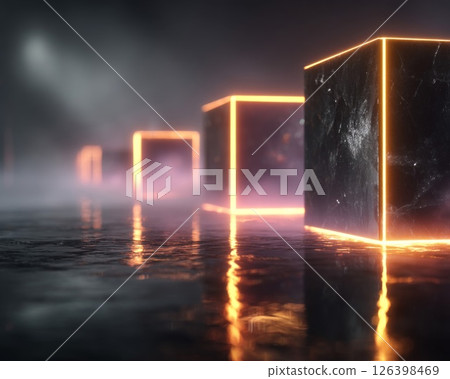 Glowing Orange Cubes in Dark Reflective Space Glowing Orange Cubes in Dark Reflective Space 126398469