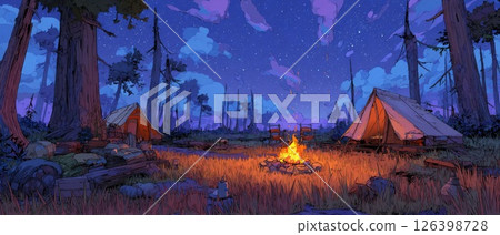 Night Campsite in a Forest with Bonfire and Starry Sky 126398728