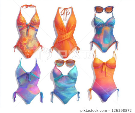 Six Colorful Women's One-Piece Swimsuits on White 126398872