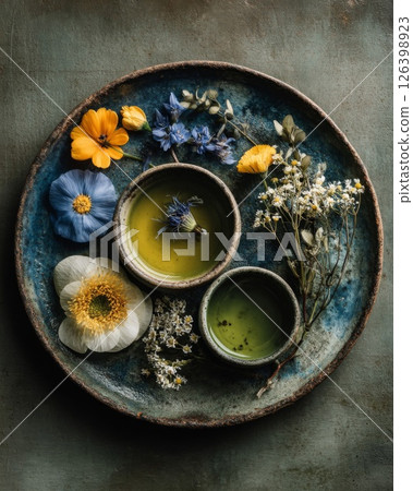 Floral Tea Ceremony: Green And Yellow Herbal Drinks On Blue Plate 126398923