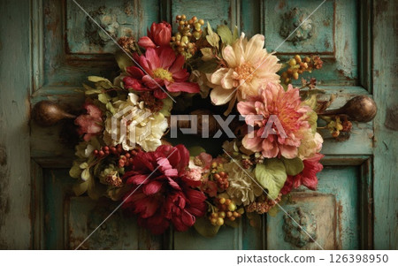 Floral Wreath on Teal Door 126398950