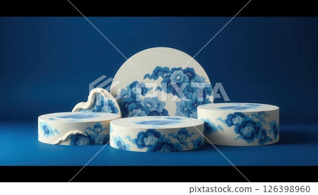 Description: Blue and white elegant Chinese style ceramic display stands with decorative elements and tableware. 126398960