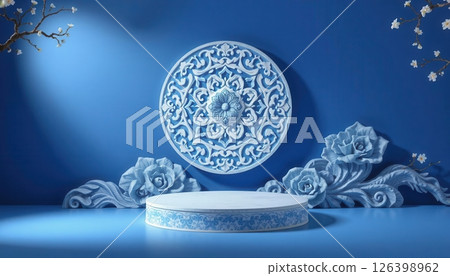 Description: Blue and white elegant Chinese style ceramic display stands with decorative elements and tableware. 126398962