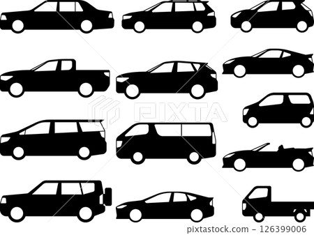 Set of various body types of automobiles side view simple silhouettes 126399006