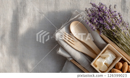 Enjoy an eco-friendly picnic with artisan snacks and reusable cutlery in a beautiful outdoor setting Enjoy an eco-friendly picnic with artisan snacks and reusable cutlery in a beautiful outdoor setting 126399023