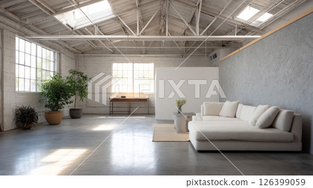 Bright creative studio features raw walls, metal trusses, and modern furnishings in a revitalized warehouse 126399059