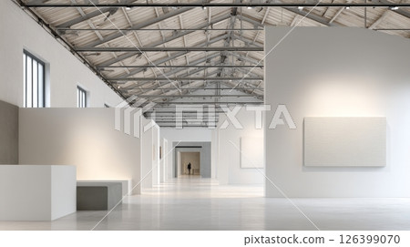 Art lovers explore a renovated warehouse transformed into a modern gallery with minimalist design 126399070