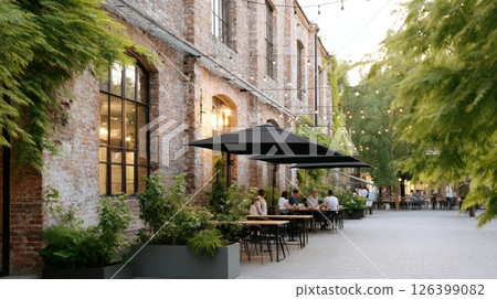 People engage in lively conversation while sipping coffee at a stylish outdoor cafe surrounded by greenery People engage in lively conversation while sipping coffee at a stylish outdoor cafe surrounded by greenery 126399082