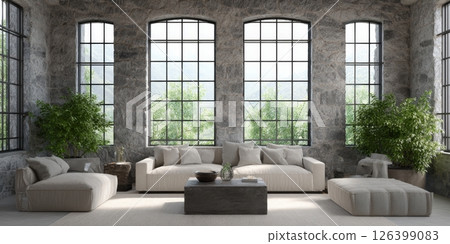 This loft living area showcases vintage furniture and plants against a brick wall backdrop 126399083