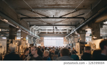 Visitors browse eclectic stalls in an adaptive reuse space showcasing vintage finds and local artwork 126399084