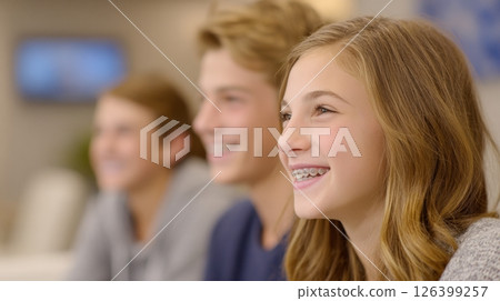 Teens with metal braces share laughter in a cozy orthodontist office waiting area 126399257