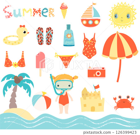 Cute summer beach vector set with little girl with snorkel design elements for kids invitations, birthday and greeting cards 126399423