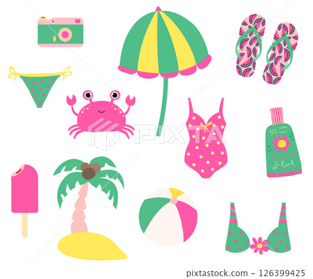 Cute summer vector set with beach design elements and characters for children birthday parties and baby showers 126399425