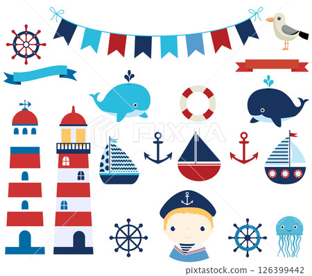 Nautical vector design elements with boats, helms and lighthouses for summer baby showers and invitations Nautical vector design elements with boats, helms and lighthouses for summer baby showers and invitations 126399442
