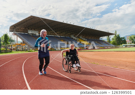 A Muslim woman in a burqa running together with a woman in a wheelchair on the marathon course, preparing for future competitions. A Muslim woman in a burqa running together with a woman in a wheelchair on the marathon course, preparing for future competitions. 126399501