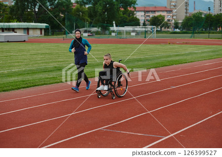 A Muslim woman in a burqa running together with a woman in a wheelchair on the marathon course, preparing for future competitions. 126399527
