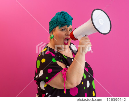 Colorful Retro Woman Shouting Through a Megaphone Colorful Retro Woman Shouting Through a Megaphone 126399642