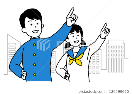 Male and female students pointing into the distance in the city Male and female students pointing into the distance in the city 126399650