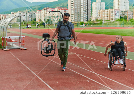 A cameraman filming the participants of the Paralympic race on the marathon course 126399655