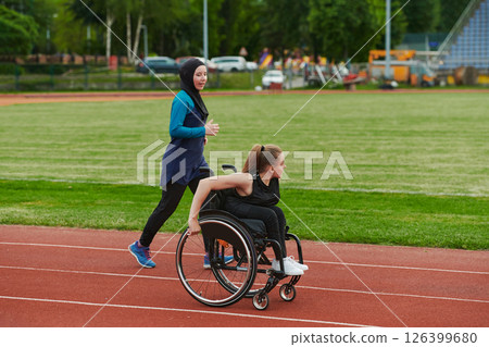 A Muslim woman in a burqa running together with a woman in a wheelchair on the marathon course, preparing for future competitions. 126399680