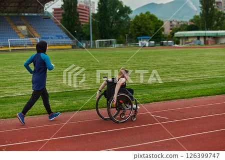A Muslim woman in a burqa running together with a woman in a wheelchair on the marathon course, preparing for future competitions. 126399747