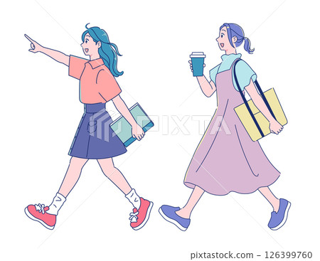 可愛的動漫風格女學生走路 可愛的動漫風格女學生走路 126399760