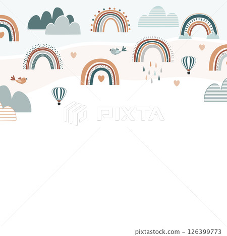 Cute Boho Rainbow frame border with hearts, clouds, birds, and hot air balloons. Pastel colors and Scandianvian style background. Vector illustration. Cute Boho Rainbow frame border with hearts, clouds, birds, and hot air balloons. Pastel colors and Scandianvian style background. Vector illustration. 126399773