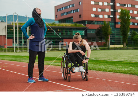 A Muslim woman wearing a burqa resting with a woman with disability after a hard training session on the marathon course A Muslim woman wearing a burqa resting with a woman with disability after a hard training session on the marathon course 126399784