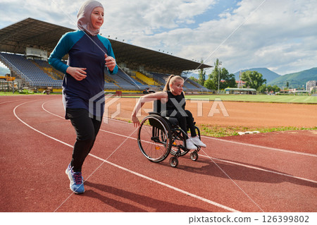 A Muslim woman in a burqa running together with a woman in a wheelchair on the marathon course, preparing for future competitions. 126399802
