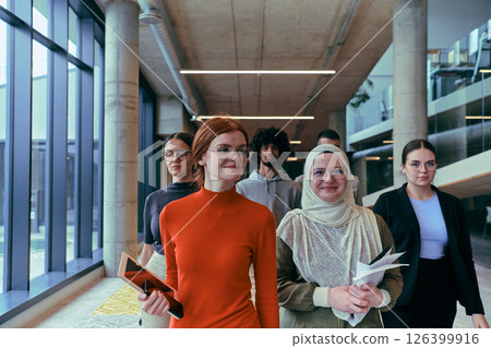 In the sleek corridors of a modern startup office, a diverse group of colleagues, led by their director, confidently stride forward, symbolizing collective success and the journey toward new business 126399916