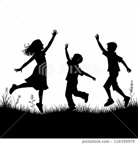 Silhouette of children playing transparent background 126399979