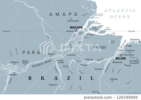 Amazon Delta, gray political map. River delta formed by the Amazon and Tocantins River in northern South America, located in the Brazilian states of Amapa and Para and encompasses Marajo Archipelago. 126399989