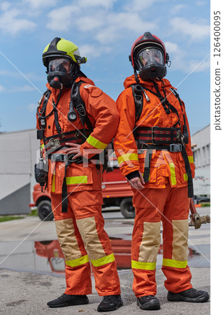 Firefighter Team Training with Various Tools in Professional Gear 126400095