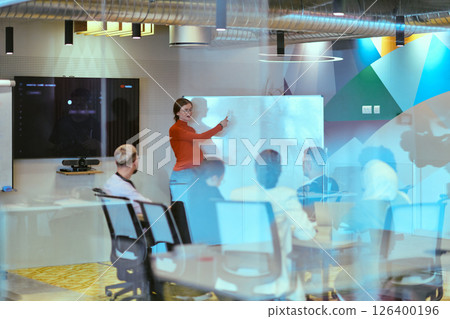 A pregnant business woman with orange hair confidently presents her business plan to colleagues in a modern glass office, embodying entrepreneurship and innovation A pregnant business woman with orange hair confidently presents her business plan to colleagues in a modern glass office, embodying entrepreneurship and innovation 126400196