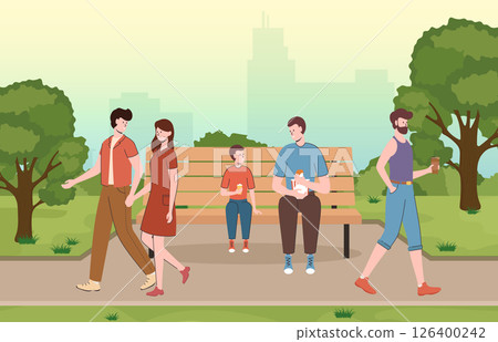 Cartoon Color Characters People Walking in Park Landscape Scene Concept Flat Design Style. Vector illustration of Outdoor Leisure 126400242