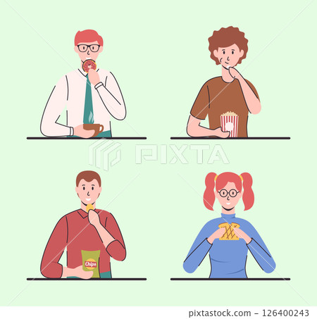 Cartoon Color Characters People Eating Different Snacks Concept Flat Design Style. . Vector illustration of Popcorn, Donut and Sandwich 126400243