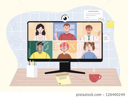 Cartoon Color Characters People and Remote Work Calling Concept Flat Design Style. Vector illustration of Videoconference 126400249