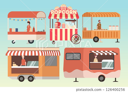 Cartoon Color Different Types Food Truck Set Street Cart with Burger and Popcorn Concept Flat Design Style. Vector illustration 126400256