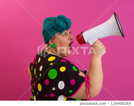 Colorful Retro Woman Shouting Through a Megaphone 126400269