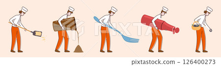 Cartoon Color Tiny Characters People Holding Kitchen Appliances Concept Flat Design Style. Vector illustration of Person and Fork, Sauce Bottle, Berry 126400273