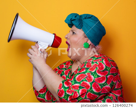 Colorful Retro Woman Shouting Through a Megaphone 126400274