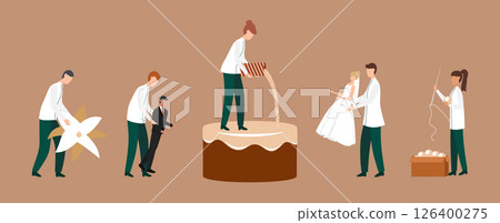 Cartoon Color Tiny Characters People Make Wedding Cake Concept Flat Design Style. Vector illustration of Decorating Dessert 126400275