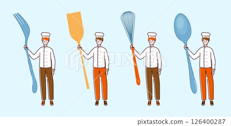 Cartoon Color Tiny Characters Boy Holding Kitchen Appliances Concept Flat Design Style. Vector illustration Cartoon Color Tiny Characters Boy Holding Kitchen Appliances Concept Flat Design Style. Vector illustration 126400287